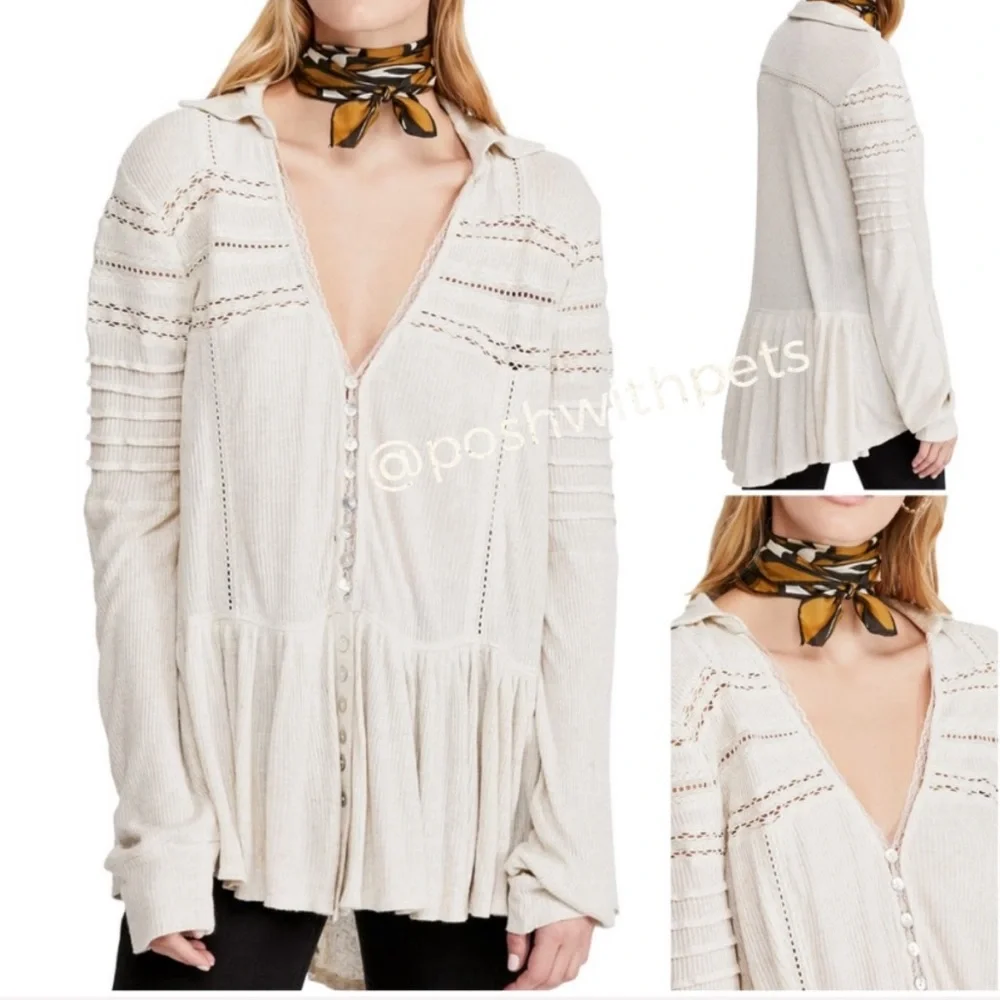Free People NWT Set To Stun Tunic Top Long Sleeve V Neck Hi Low White Small New - Picture 1 of 7